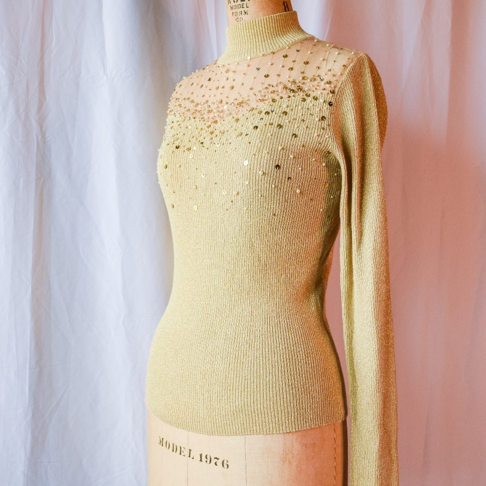 ⚡HP⚡Vintage 1970s Beaded + Sequined Turtleneck - Picture 2 of 5